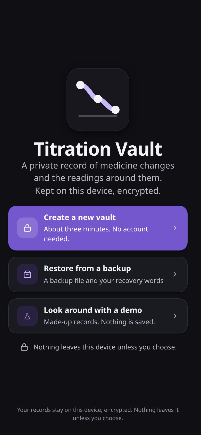 The start screen: create a vault, restore a backup, or look around with a demo